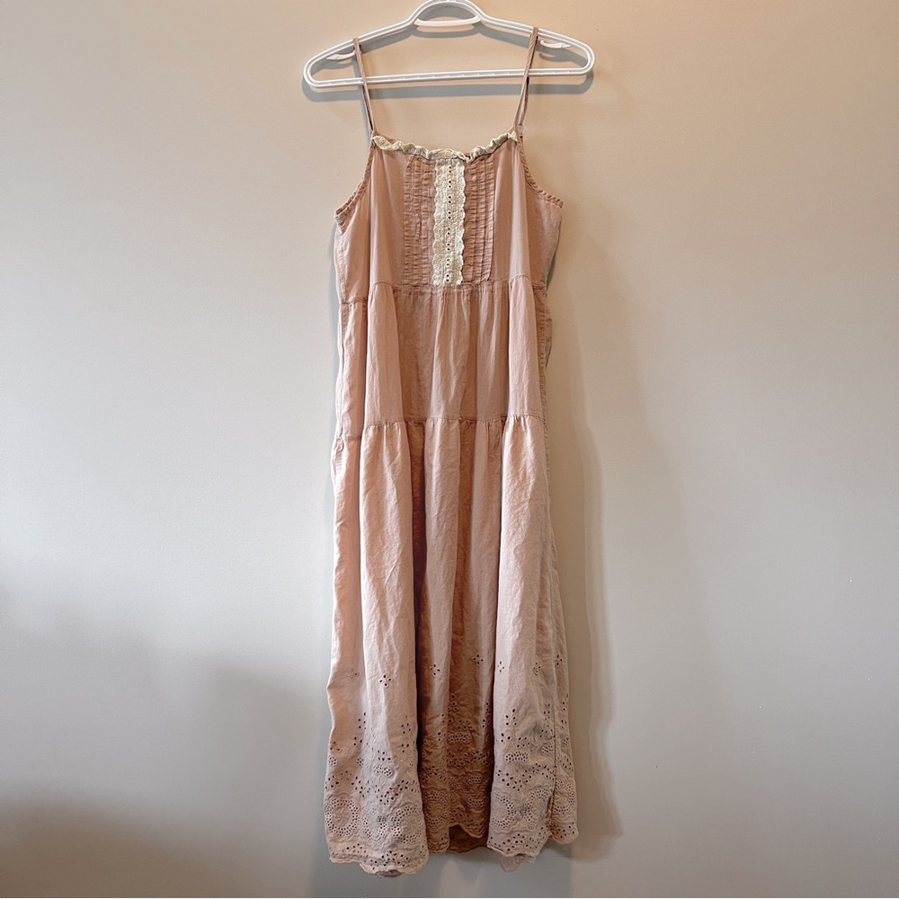 Hui Mei Beige Eyelet Detail Flowy Midi Dress